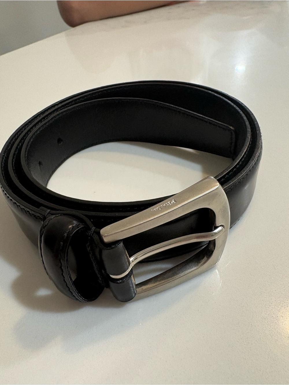 Prada Black Leather Belt with Silver-Tone Buckle